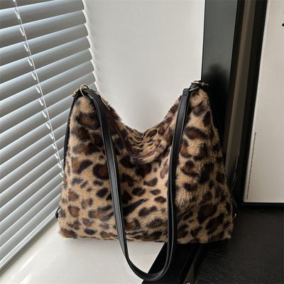 Winter Furry Bag Popular Leopard Print Women'S Double Shoulder Back Bag Multi-Purpose Shoulder Tote Bag Tide