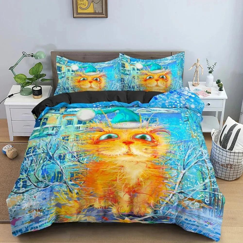 Watercolor Cartoon Cat Bedding Set Boys Girls Twin Queen Size Duvet Cover Pillowcase Bed Boys Adult Home Textileextile