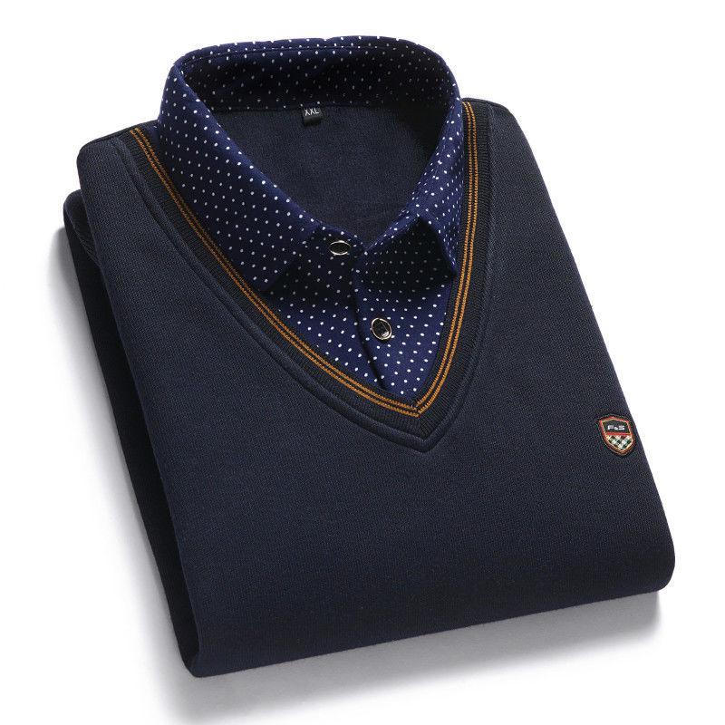 Men's Fleece-Lined Two-Piece Shirt Collar Sweater for Middle-Aged & Elderly