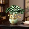 13.8" Chinese Money Tree with Synthetic Jade Base, Artificial Tree Feng Shui Wealth Decor with Golden Fortune Cat, Yuanbao Flower Pot & Coin Pendant