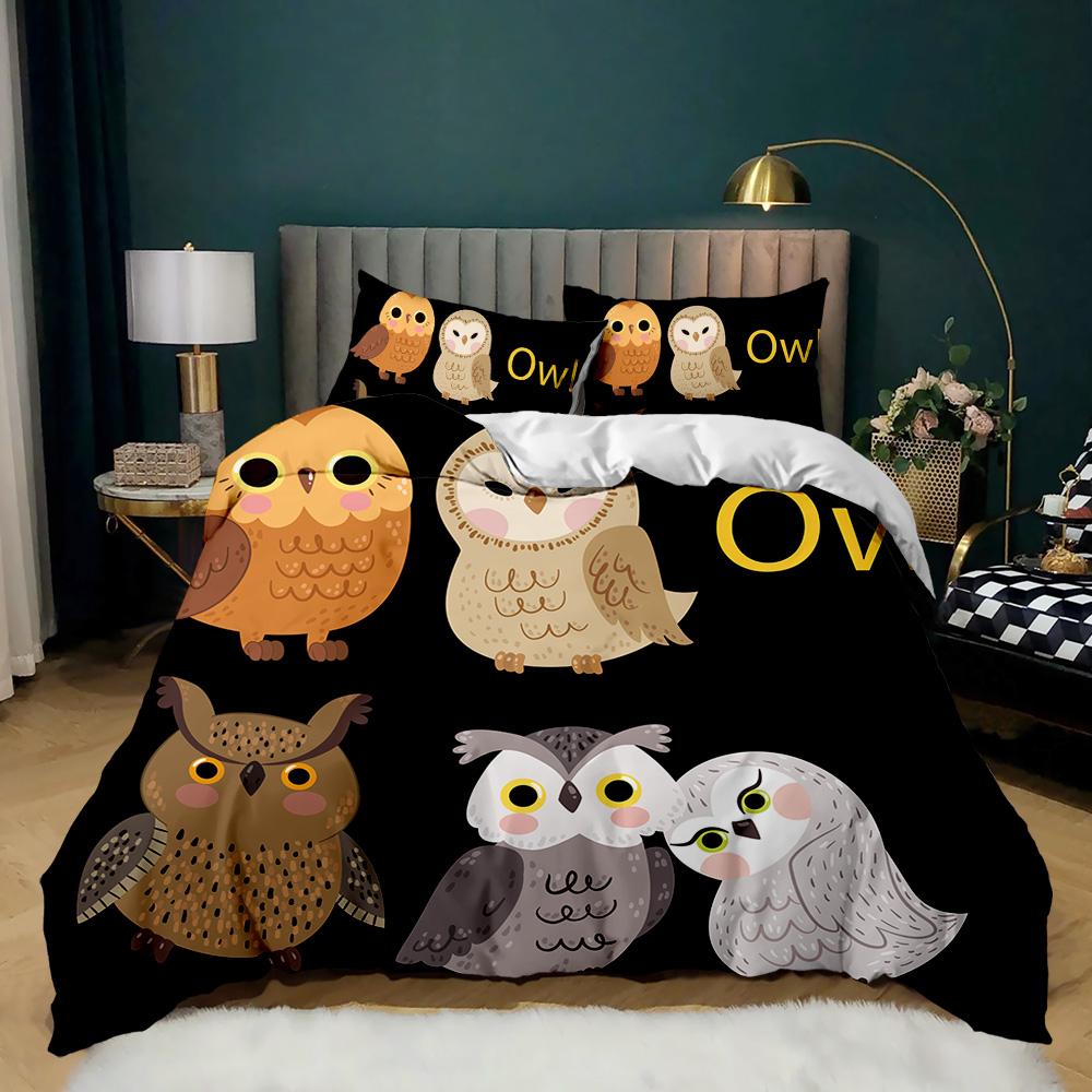 Eulen Bettwäsche Set King Size Niedliche Eule und Sterne Dekor Bettbezug Weltall Bettbezug Kinder Jungen Mädchen Polyester Steppdeckenbezug