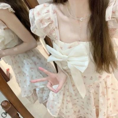 French Sweet Wind Small Flying Sleeves Floral Dress Women's Summer Small Bow Waist On the Run Princess Short Skirt