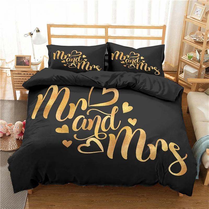 Lover Couples King Queen Duvet Cover Black and White Printed Bedding Set for Adults Valentine's Day Bedroom Decor Quilt Cover