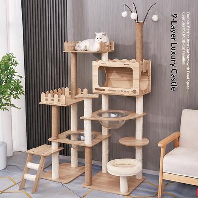 Modern Cat Tree Tower Multi-Level Wooden Cat Climbing Furniture With Condos Scratching Post