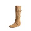 Cowhide version retro style inner height increase 6cm knight boots women's cross buckle pleated boots slim medium boots