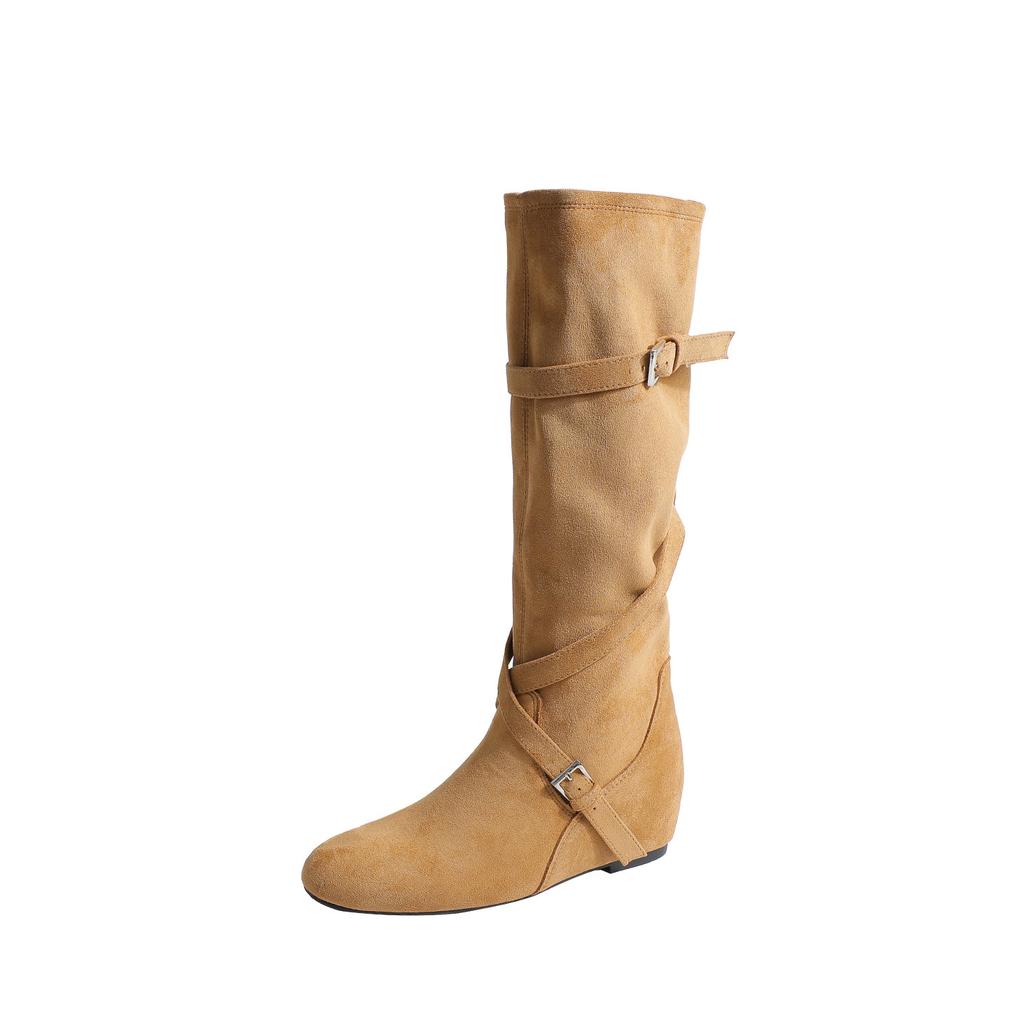 Cowhide version retro style inner height increase 6cm knight boots women's cross buckle pleated boots slim medium boots