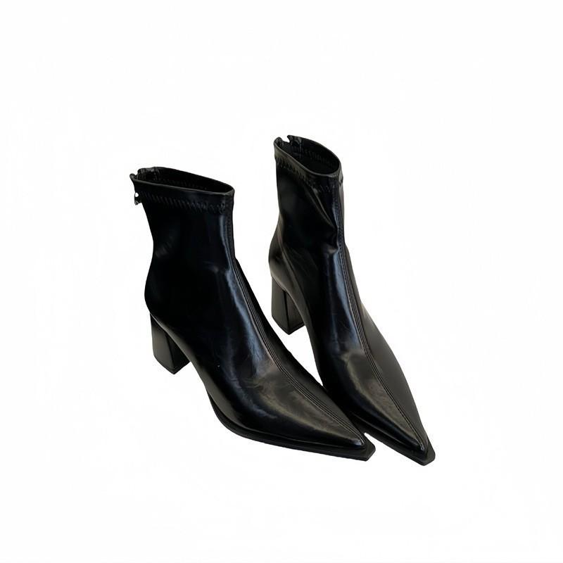 High-heeled pointed short boots women's thick-heeled rear zipper 2025 new autumn and winter black patent leather premium Martin boots