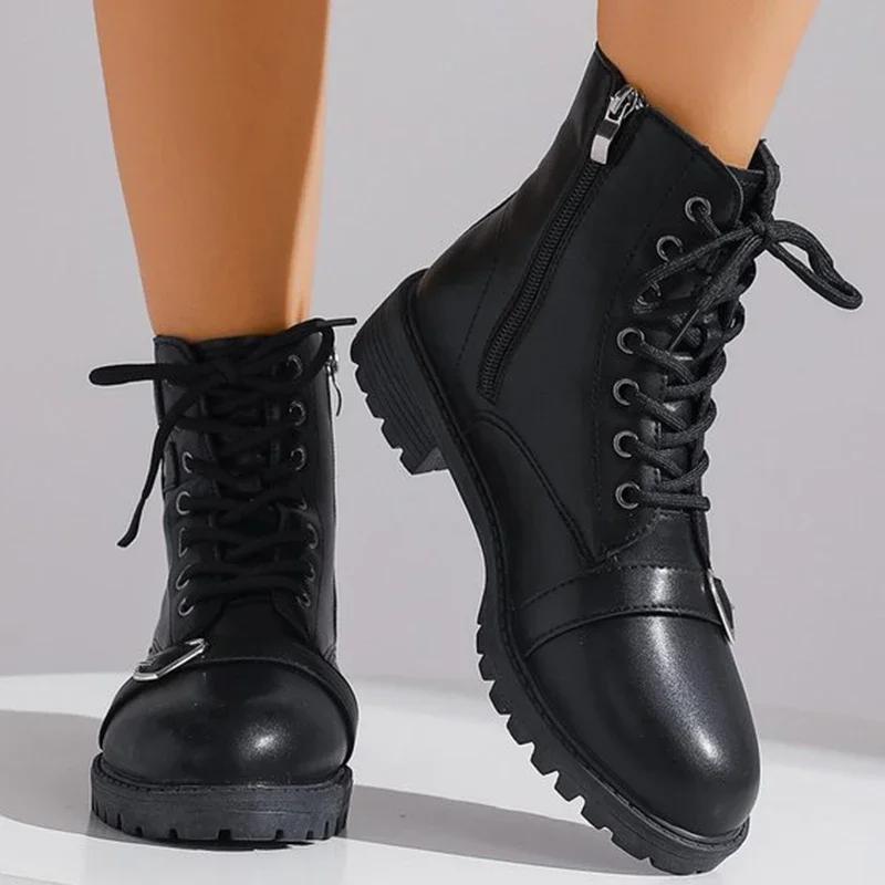 Fashion Women's Boots Metal Heart Buckle Ankle Boots for Woman Autumn Winter Lace Up Platform Short Boots Women Black Shoes Botas Mujer
