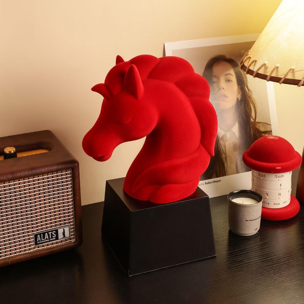 Velvet Red Horse Head Ornament, Luxury Office Desk Decoration - Unique Artistic Year of the Horse Mascot for Home & Office