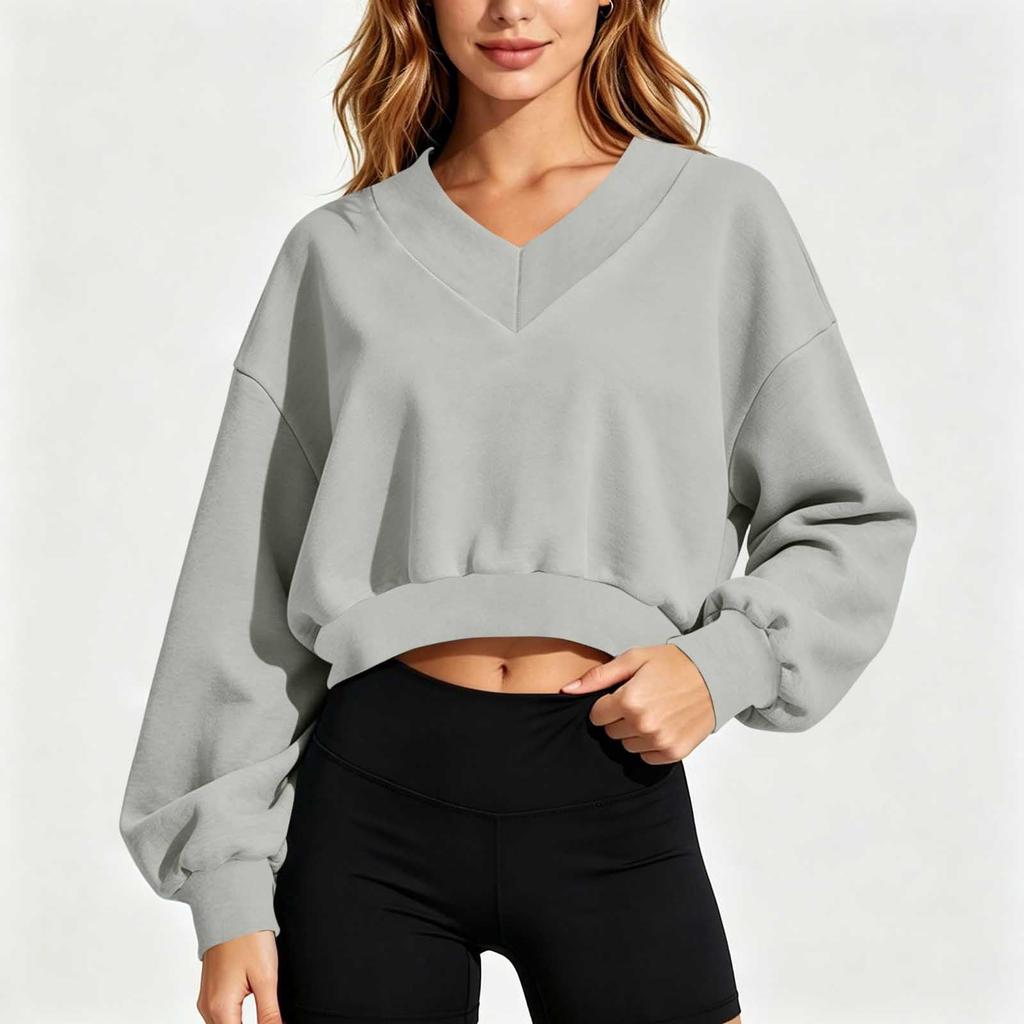 Women's Casual V Neck Long Sleeve Cropped Sweatshirt for Everyday Wear
