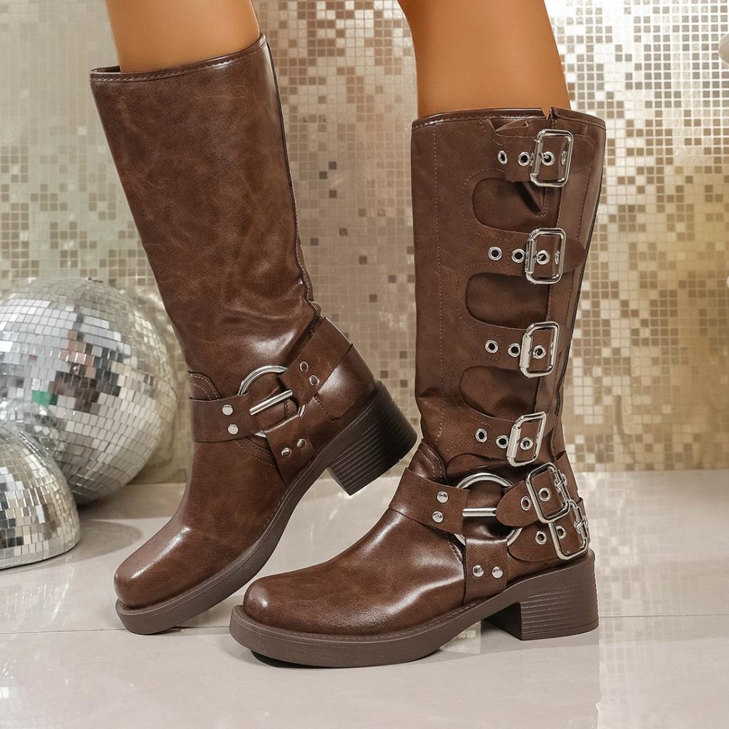Belt Buckle Thick Heel Brown Fashion Boots Women's New Retro But Knee Boots Slim Western Cowboy Boots