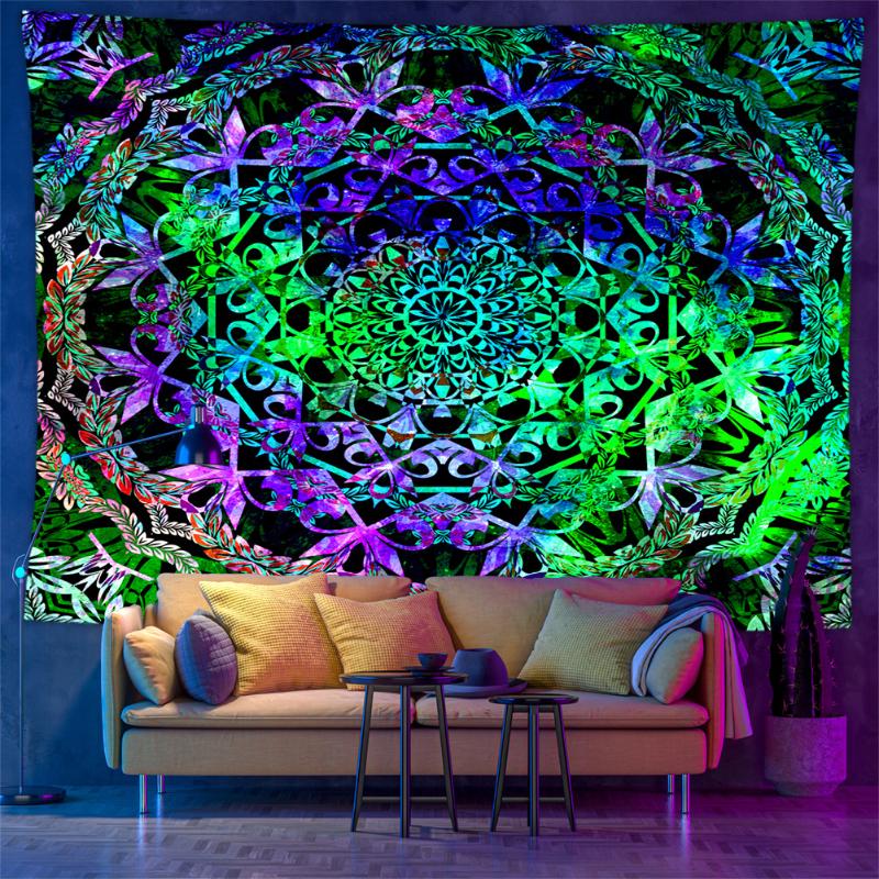 Blacklight Bohemian Mandala Tapestry UV Reactive Psychedelic Wall Hanging Trippy Party Bedroom Home Decor