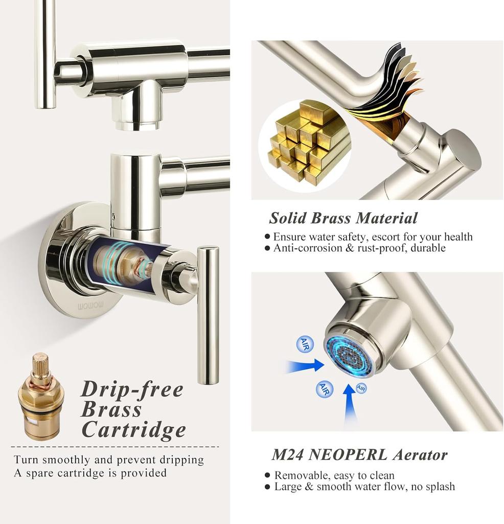Rubinetto Riempitore Pentola Gourmet in Ottone di Lusso Faucet da Cucina Montato a Parete Rotante a 720° Faucet Flessibile a Risparmio Idrico Faucet Freddo