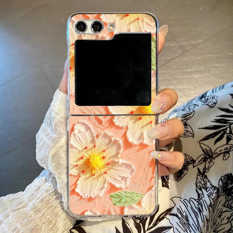 Retro Oil Painting Flower Phone Case For Samsung Galaxy Z Flip 6 5 3 4 Luxury PC Folding Hard Cover For Z Flip 7 Artistic Decor