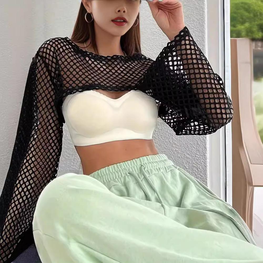 Mesh Solid Color Hollow Top Spring and Autumn Long-sleeved Hollow Ultra-short Casual T-shirt for Women