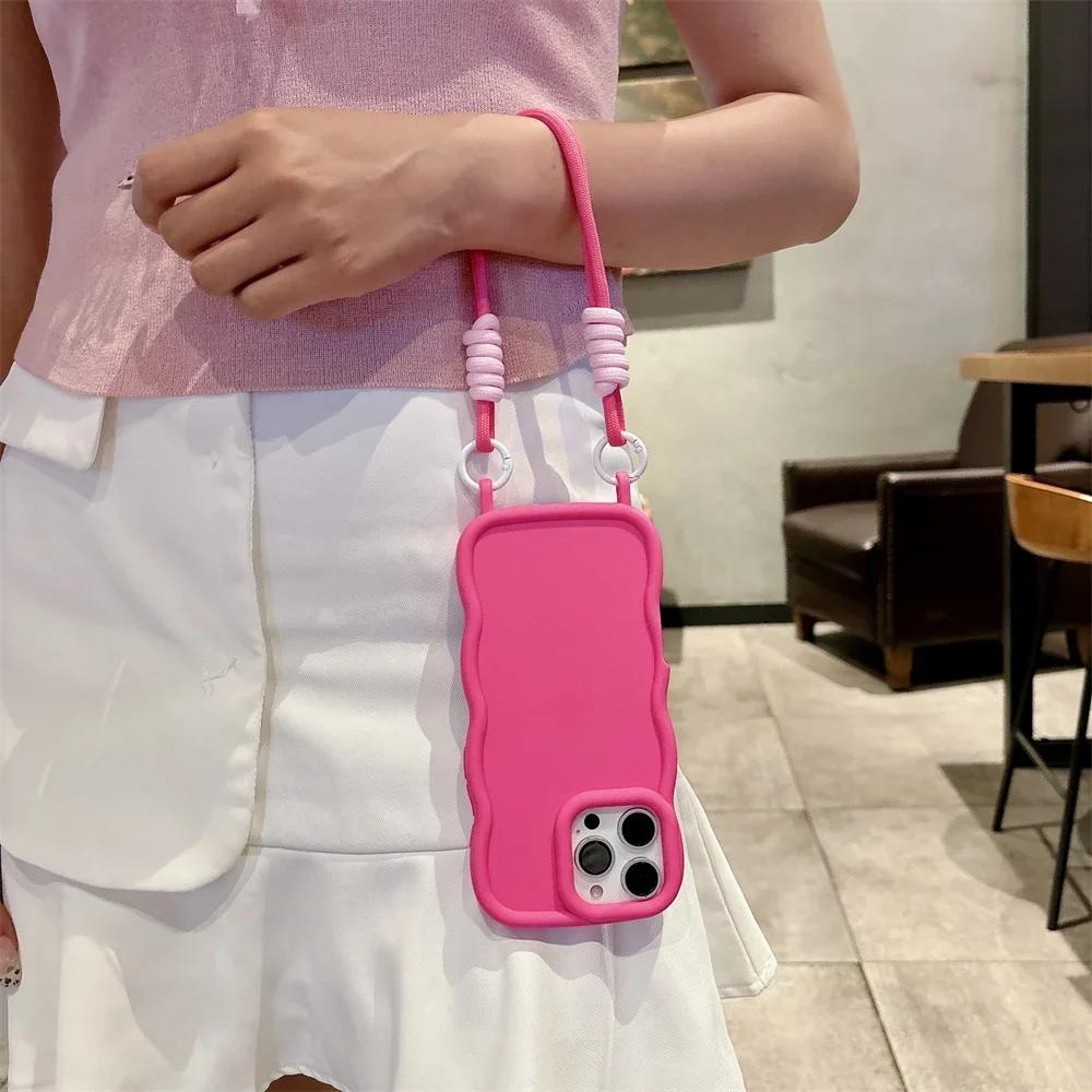 Candy Color Silicone Soft Phone Case with Wrist Strap For iPhone 16 Pro Max 15 14 13 Wave Edge Frame Protective Cover