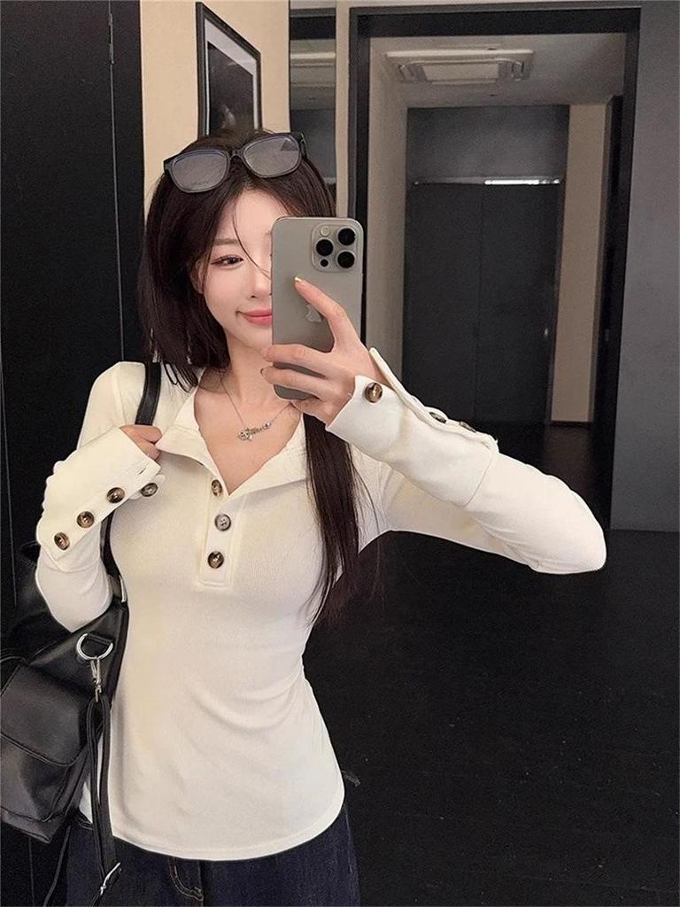 Black Spicy Girl Style Half-Open Collar Long Sleeve Slimming T-Shirt for Women - Autumn Flattering Top