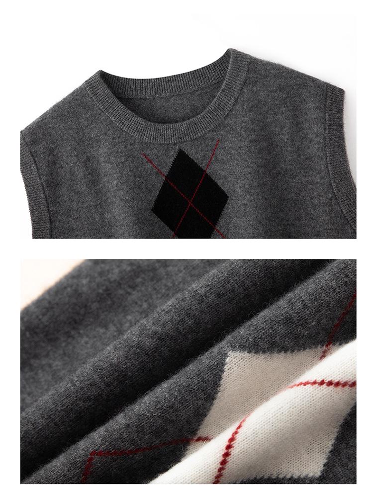 Retro British Diamond Pattern Sleeveless Cashmere Vest