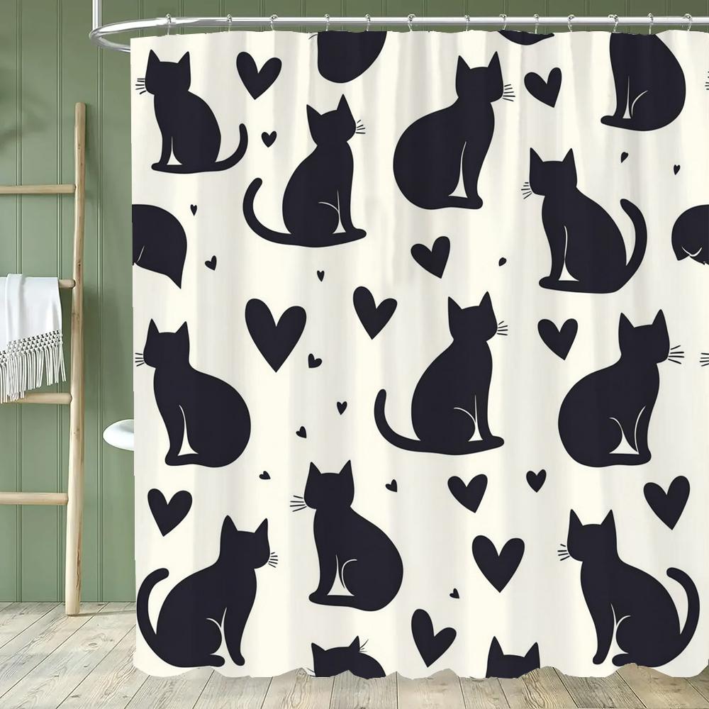 1Pc Nordic Art Cartoon Black Cat Print Shower Curtain Partition Privacy Hanging Bathroom Curtain With Hooks Decoration Curtain