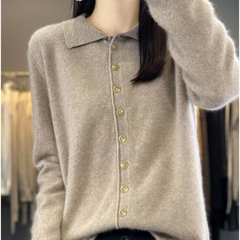 Polo Collar Knitted Wool Cardigan for Women In Autumn and Winter New Fashion Versatile Sweater Warm Skin-friendly Coat Top