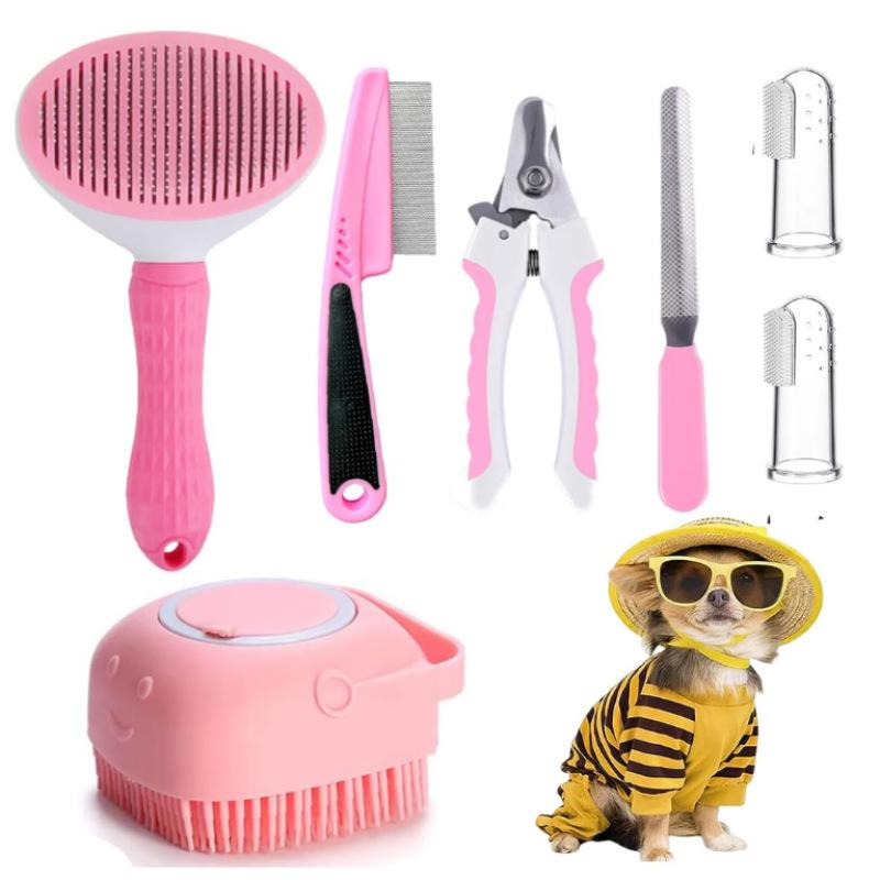 

7-Piece Pet Grooming Set: Self-Cleaning Comb, Rake Brush, Nail Clippers, File & Loose Hair Remover for Cats & Dogs