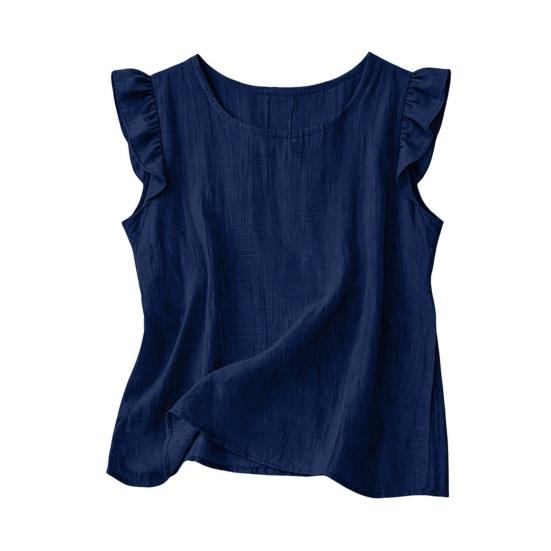 Women Tops, Loose Fit Ruffle Sleeve Vest, Round Neck Tank Tops, Breathable Summer Casual Sleeveless Blouse for Work Beach Vacation M темно-синий
