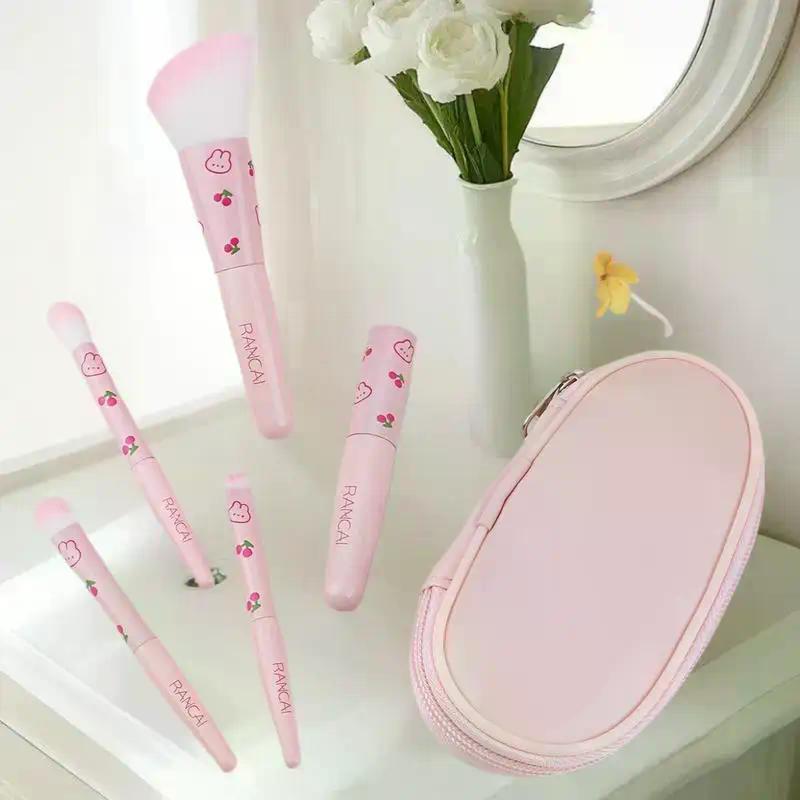 5pcs Cute Compact Makeup Brush Set With Case Premium Brush For Flawless Foundation, Blush, Eyeshadow Application Beauty Tools