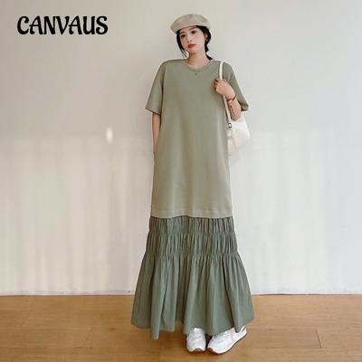 Summer Loose Plus Size Splicing Pump Pleated DressHem Short Sleeve Dress