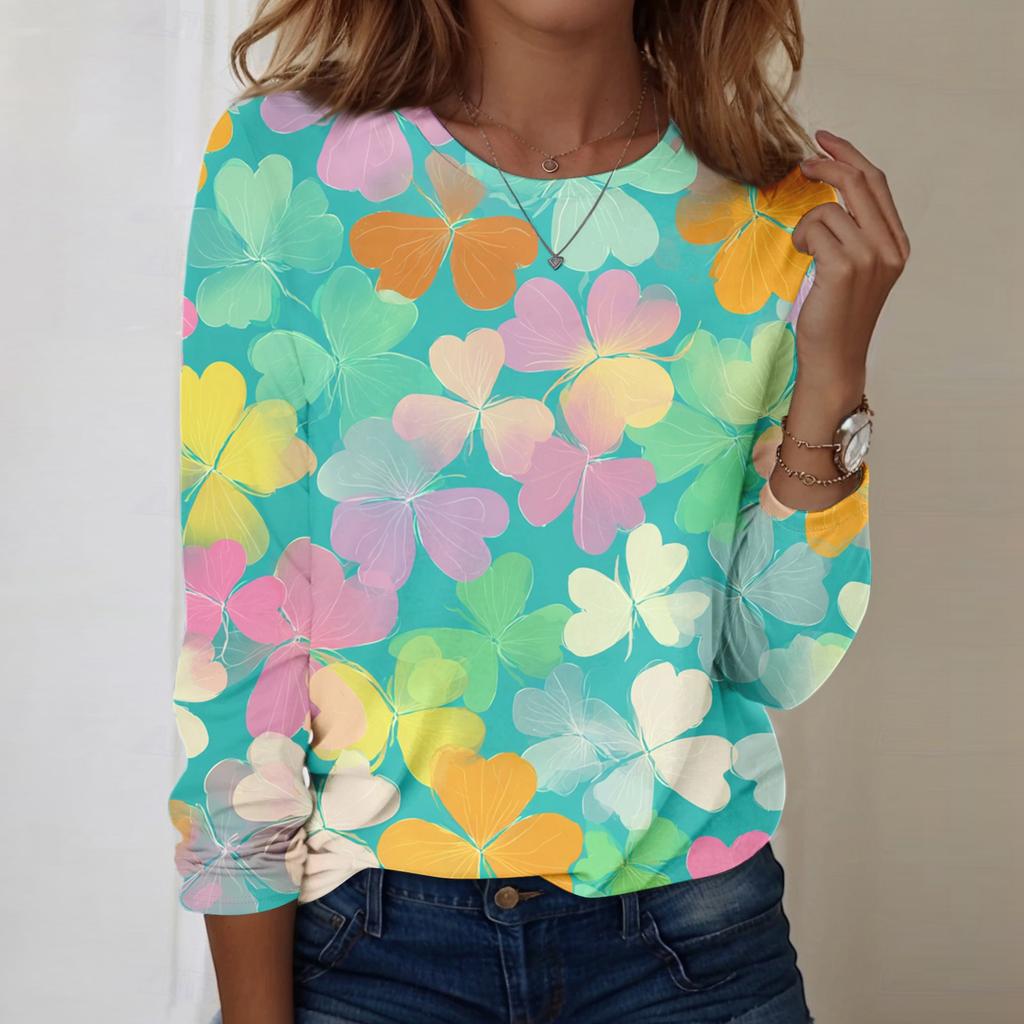 Damen Rundhals-Oberteil mit Blätterdruck, locker, langärmlig