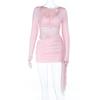 Sexy Deep V-neck Mesh Hollowed-out Long-sleeved Dress for Women's 2026 European and American Spice Girls Hip-wrapped Short Skirt