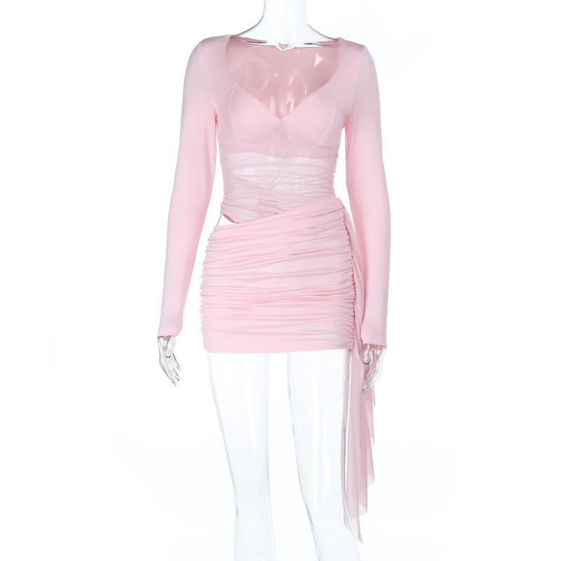 Sexy Deep V-neck Mesh Hollowed-out Long-sleeved Dress for Women's 2026 European and American Spice Girls Hip-wrapped Short Skirt