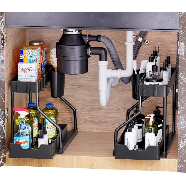 Étagère de rangement sous évier, rangement d'armoire de cuisine, tiroir de rangement à double glissière, panier de rangement polyvalent pour salle de bain
