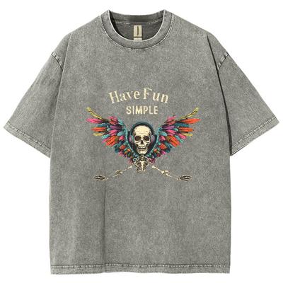 T-shirt da Donna con Stampa Teschio Estiva Denim Lavato Larga Taglie Forti Manica Corta Tendenza Streetwear Outfit alla Moda Uomo