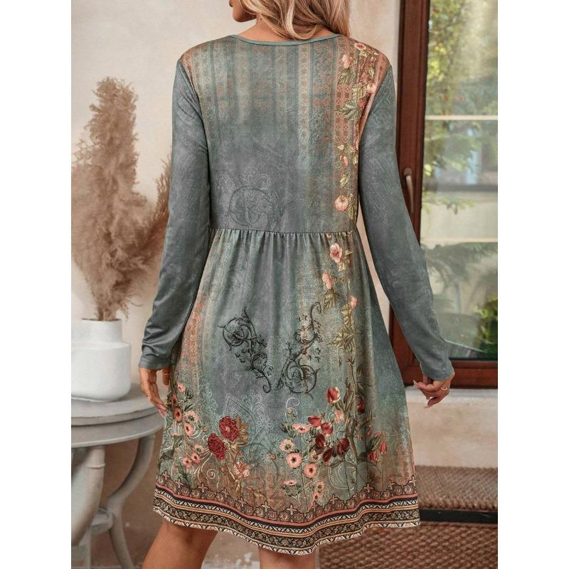 Women Floral Print Round Neck Long Sleeve Casual Dress A Line Vintage Midi Dress