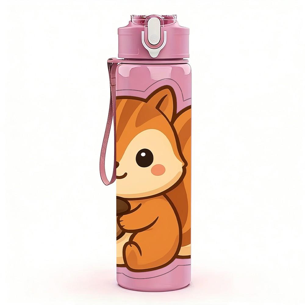 1PC Cute Sitting Squirrel Cartoon Print 750ml Color Plastic Sports Water Bottle Leakproof Flip Straw Lid Suitable for Sports Office Home Use