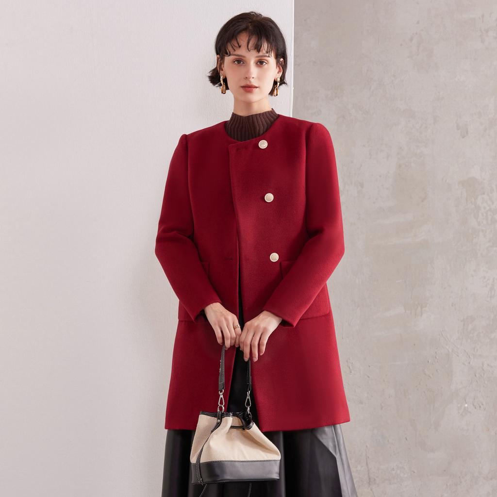 Fashionable and versatile design, round neck woolen coat, women's autumn and winter slimming mid length jacket
