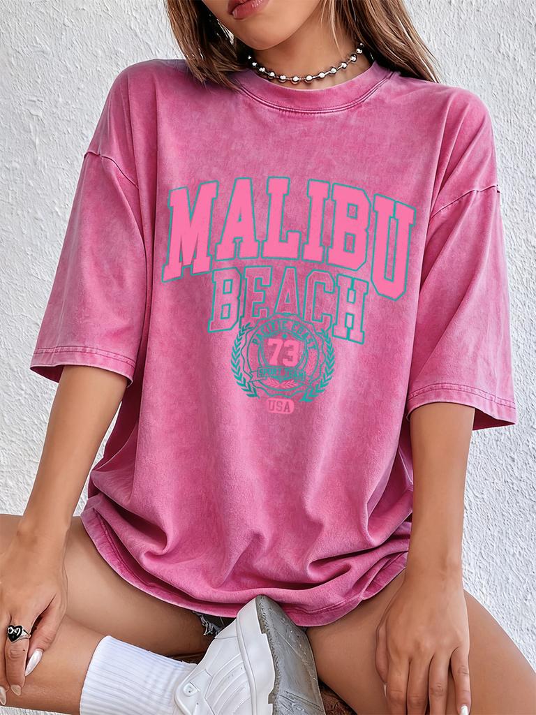 Malibu Beach Druck gewaschene T-Shirts Damen Baumwolle Kurzarm Tops Street Rundhals Oversized T-Shirts Hip Hop Trend Kleidung