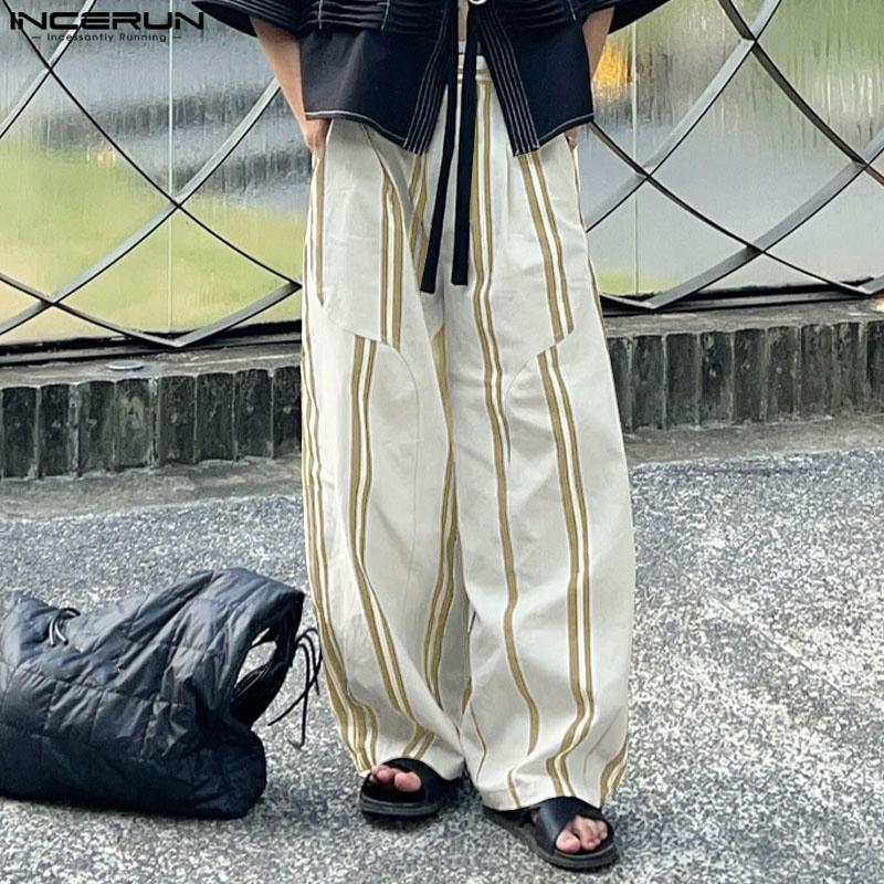 INCERUN Men Zipper Waist Striped Print Casual Loose Long Wide Legs Pants Trousers
