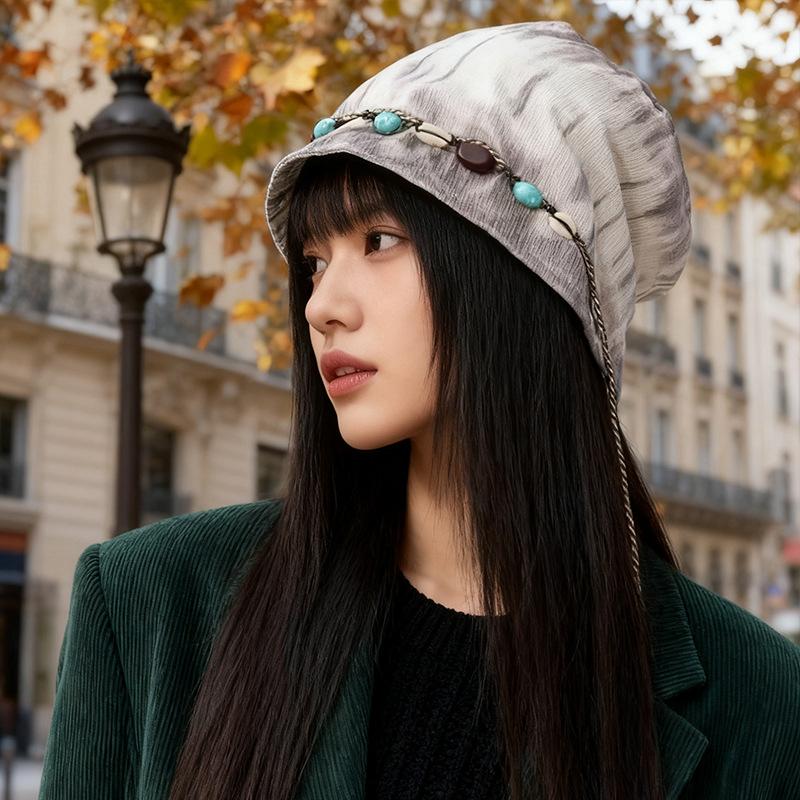 Tie Dyed Tassel Pile Hat for Women New Retro Beaded Face Showing Small Knitted Hat  Versatile Pullover Cold Hat Trend