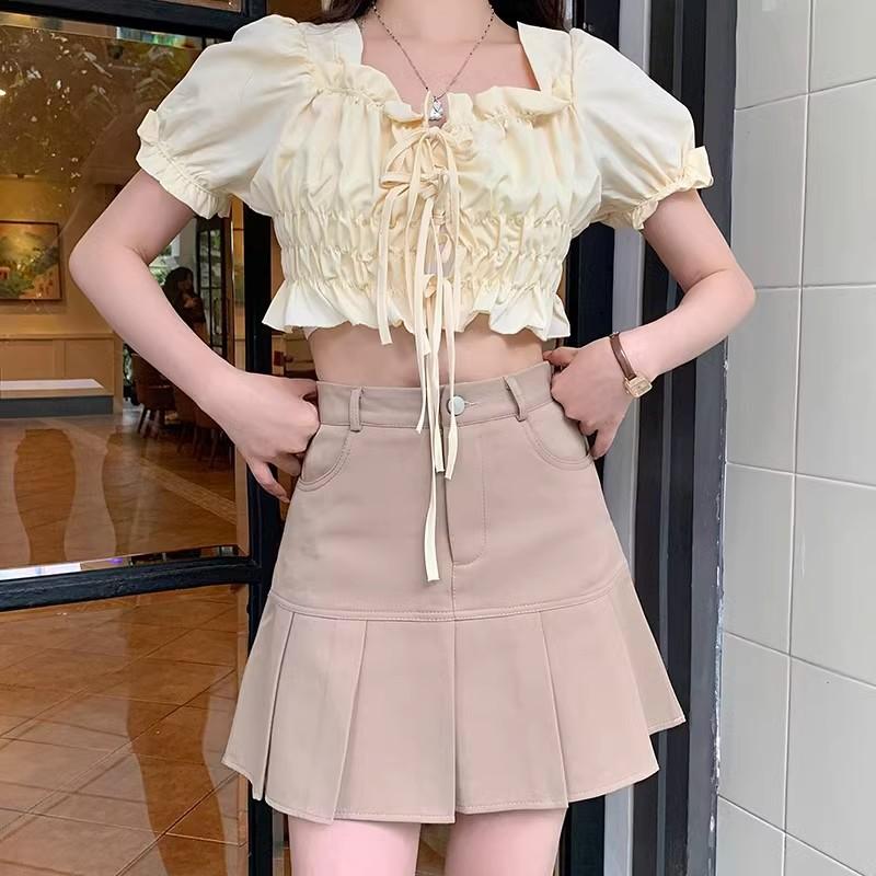 Pleated Skirt with Pockets for Women Summer High Waisted A Line Slimming Versatile Skirt Suit Fabric Casual All Match Versatile Grey Skirt