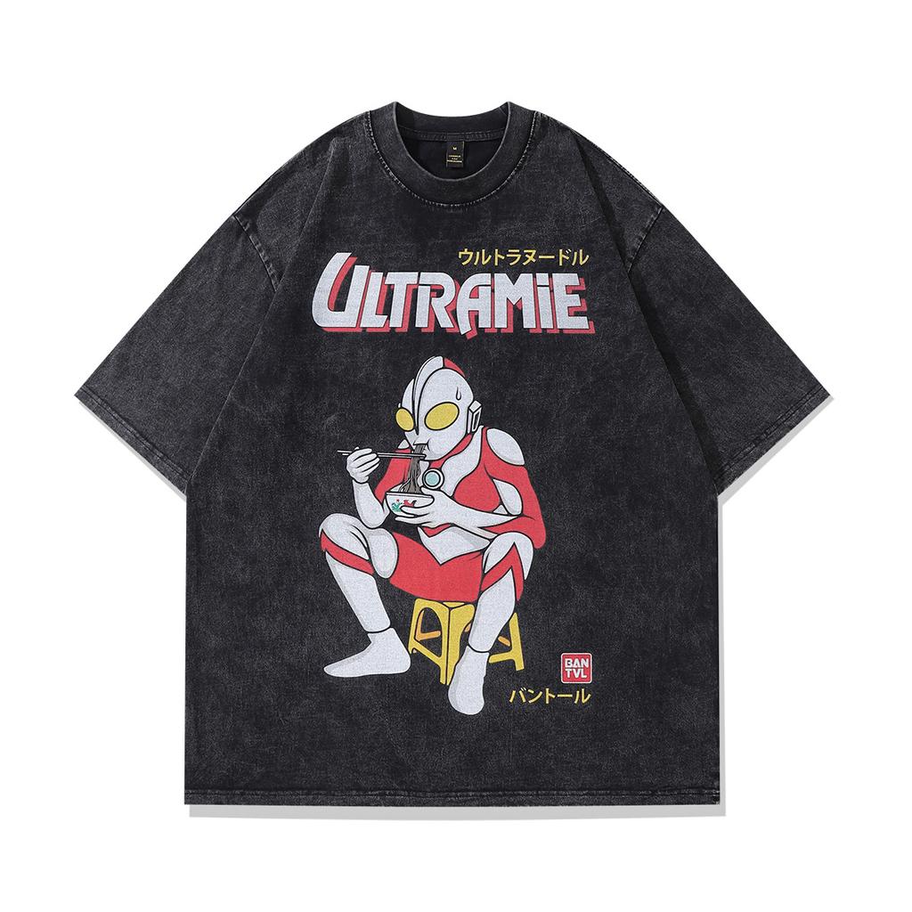 Harajuku Japanese Street Cartoon Print Old Short-Sleeved T-Shirt Men'S Trendy Brand Hip-Hop Loose Washed Five-Quarter Sleeve T-Shirt