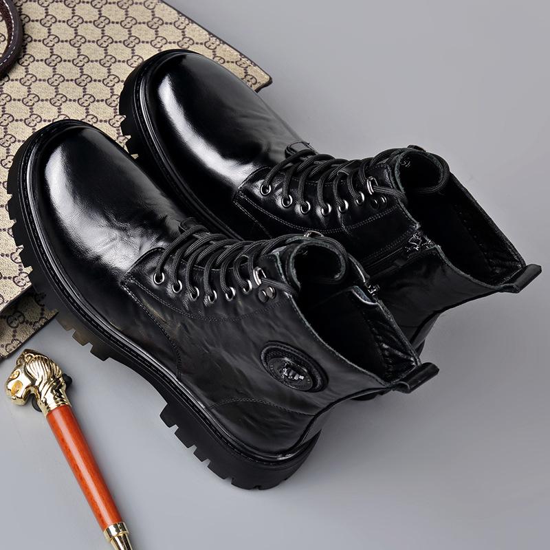 Botines de Cuero Genuino Otoño Invierno para Hombre Moda Casual Plataforma Zapatos de Trabajo Mujer Color Sólido Lana Algodón Botas Hombre