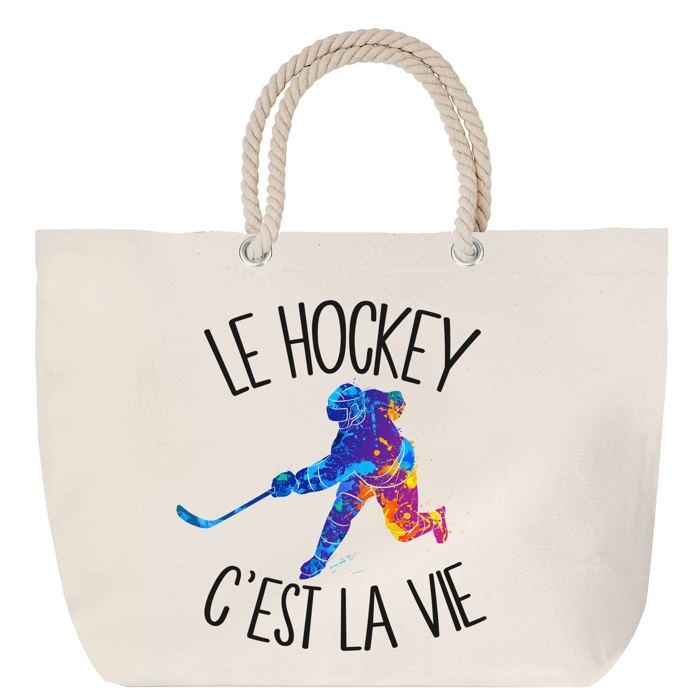 Sac de plage anse corde - PLANETEE - Hockey C'est la vie - Grand format - Coton - Anse corde solide
