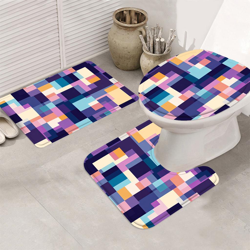 Creative Grid Shower Curtain & Bathroom Set - Vibrant Geometric Design, Machine Washable Polyester, 12 Hooks, Toilet Seat Cover