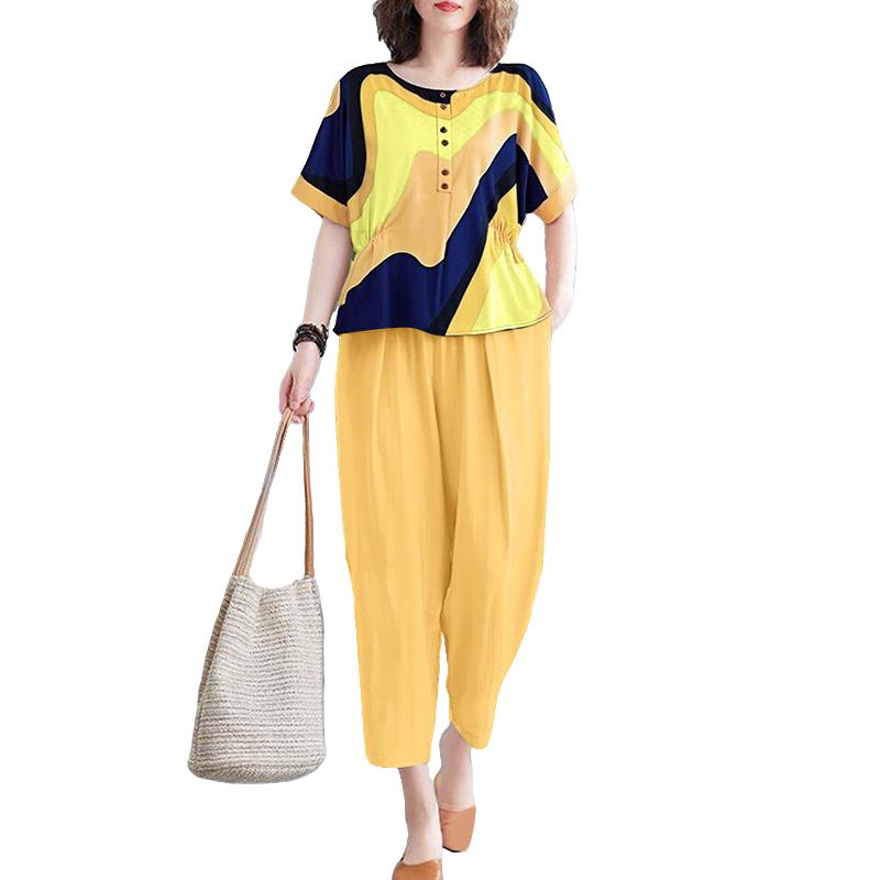 ZANZEA Women Short Sleeve Print Blouse and Pants Summer Two Piece Suit Sets