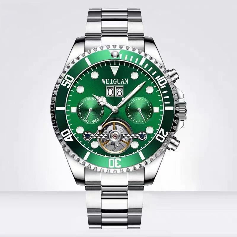 Green Water Ghost Полностью автоматические механические часы с турбийоном Мужские часы Мужские многофункциональные календарные светящиеся водонепроницаемые