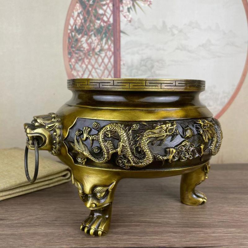 Copper Brass Household Indoor Offering Buddha God Of Wealth Double Dragon Three Legs Incense Burner Large