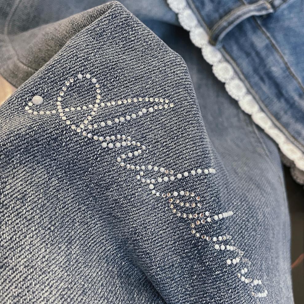 American Spicy Girl Rhinestone Lace Patchwork High-Waisted Straight Leg Slimming Denim Jeans