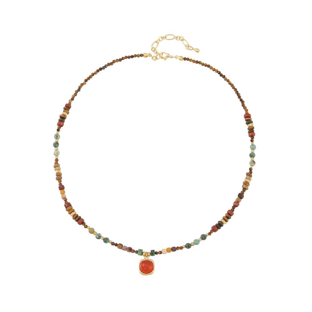 GEMCHIC Women s Natural Agate Tiger Eye Beaded Necklace Colorful Gemstone Choker Geometric Pendant