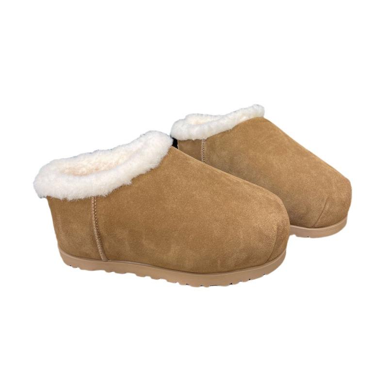 Fat Head Bread Shoes Snow Cotton Boots Female Real Fur Round Head Autumn and Winter New Height Increase Half Drag